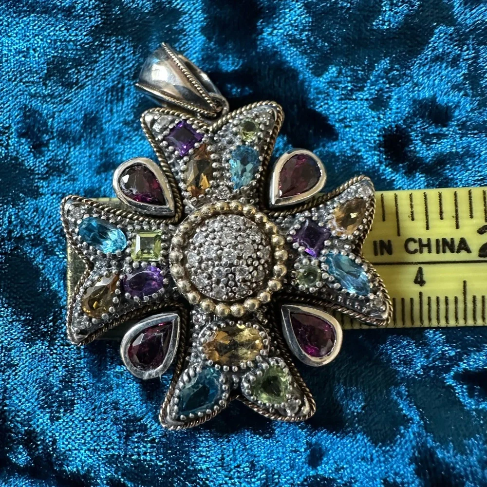 EFFY Sterling Silver and 18k Yellow Gold Multi Gemstone & Diamond Cross Pendant - Picture 8 of 12